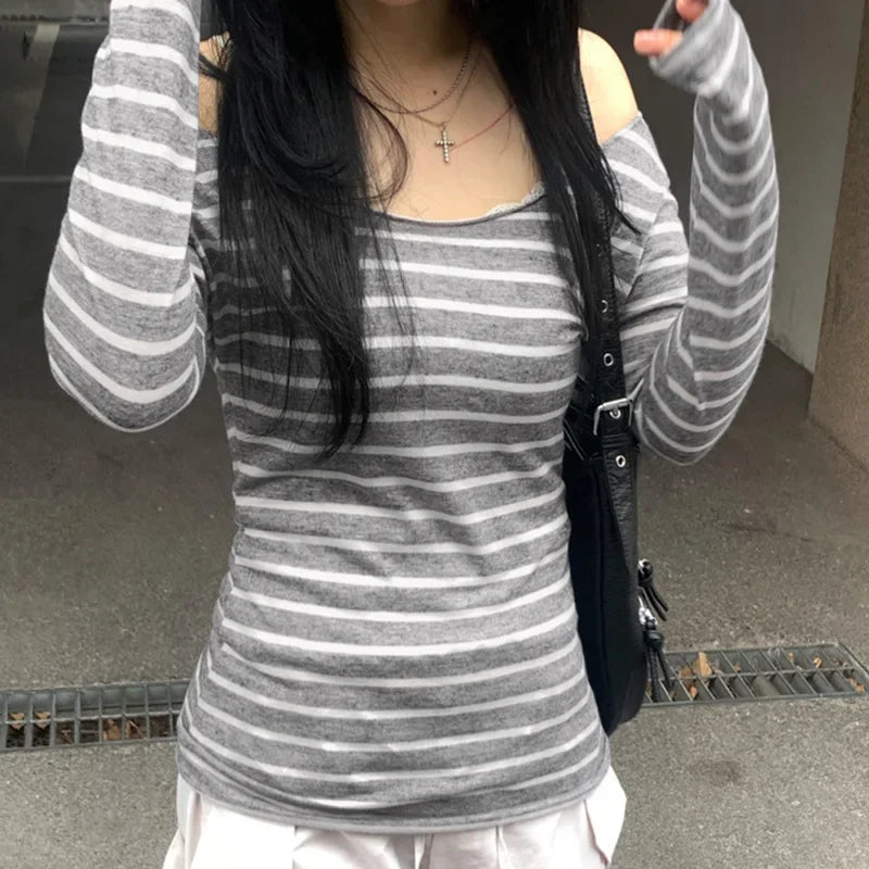 Women's Slim Long-Sleeved Striped Shirt Korean Street Style Top