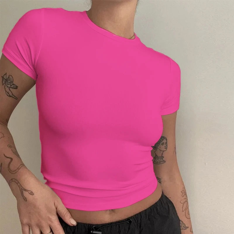 Short Sleeve Slim Fit Female O-Neck Knitted Tee Shirt